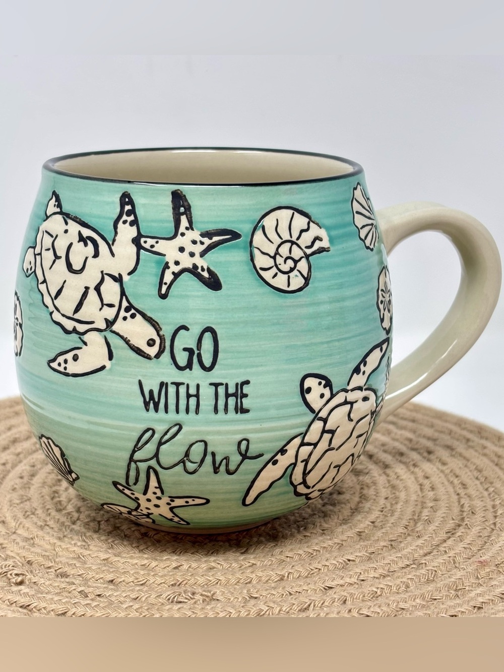 Karma Teal Coffee Mug Cup Fiona Sea Turtles Seastar Sand Dollars Beachy Coastal